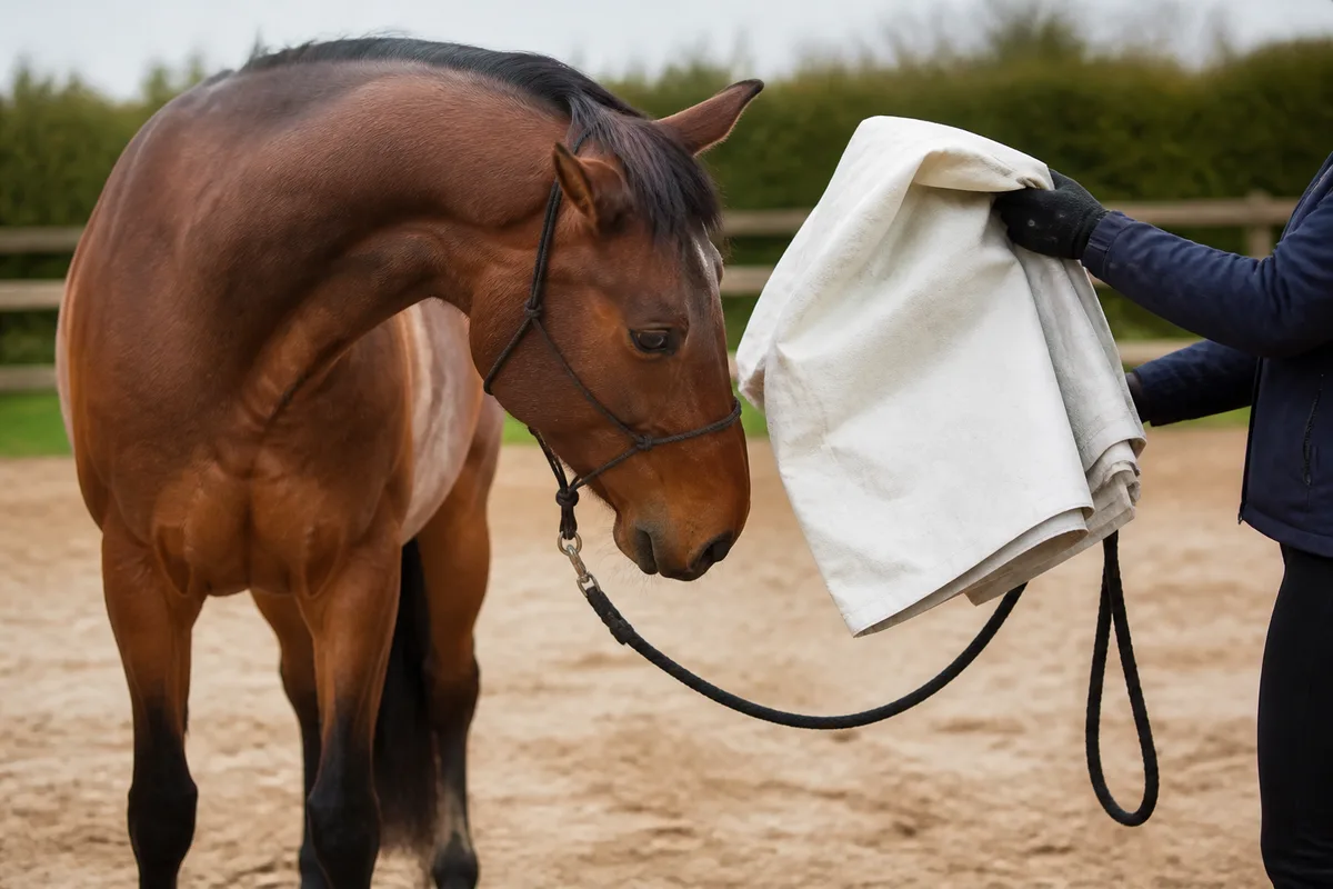 Dresseur présentant une bâche claire à un cheval bai en carrière, exercice de désensibilisation au travail à pied