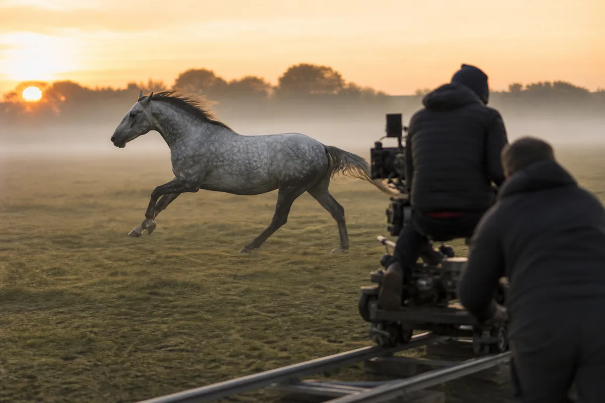 Cheval gris au galop devant une caméra montée sur rail, tournage en extérieur au petit matin