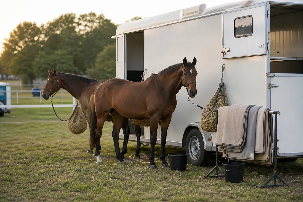 Chevaux au repos près d&rsquo;un van ouvert, seaux d&rsquo;eau et filets à foin entre deux prises