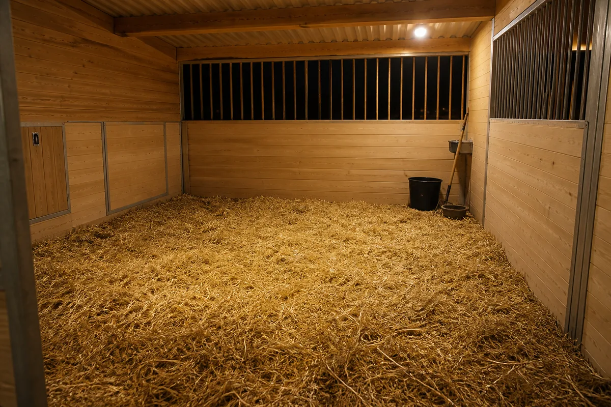 Box de poulinage paillé et éclairé, préparé pour la naissance