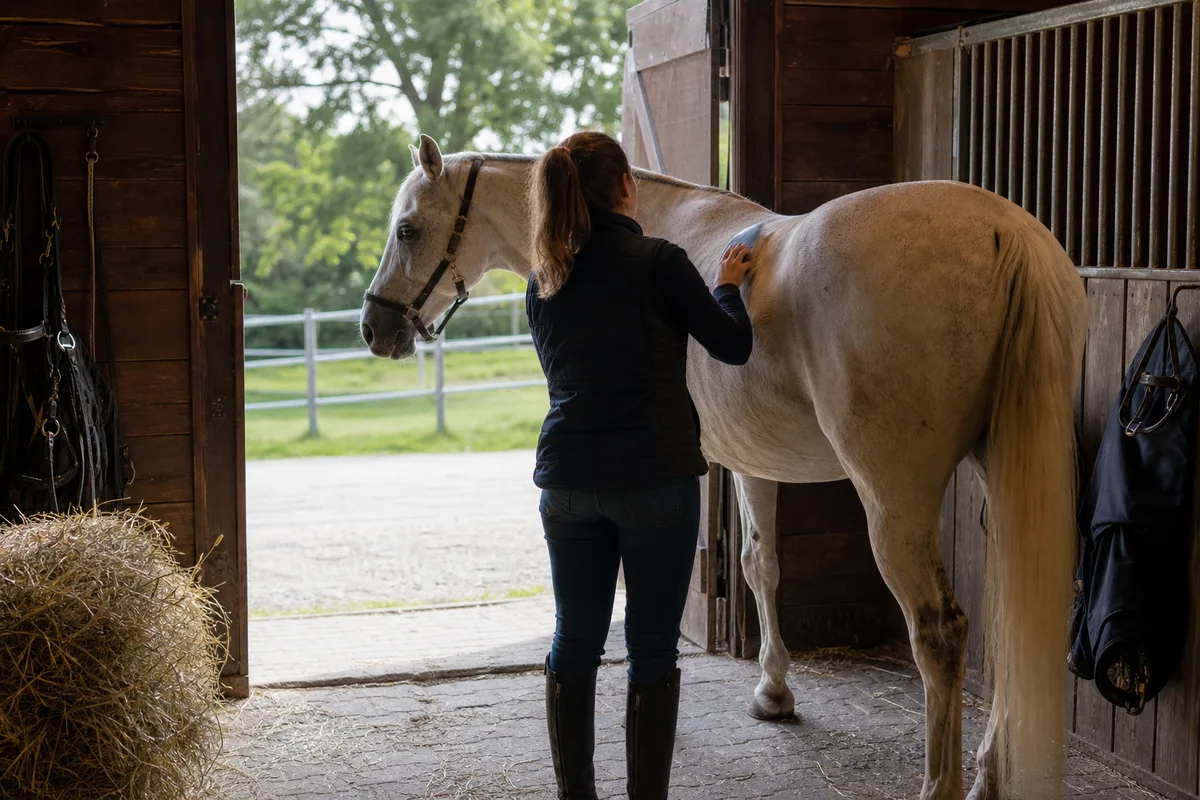 Palefrenier qui panse un cheval dans une écurie ensoleillée du sud de la France