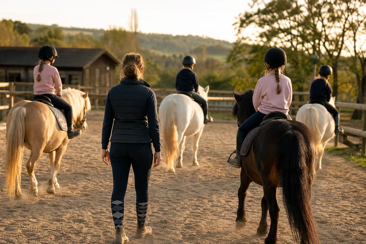 Cavalière qui donne un cours d&rsquo;équitation à un groupe d&rsquo;enfants sur un manège extérieur