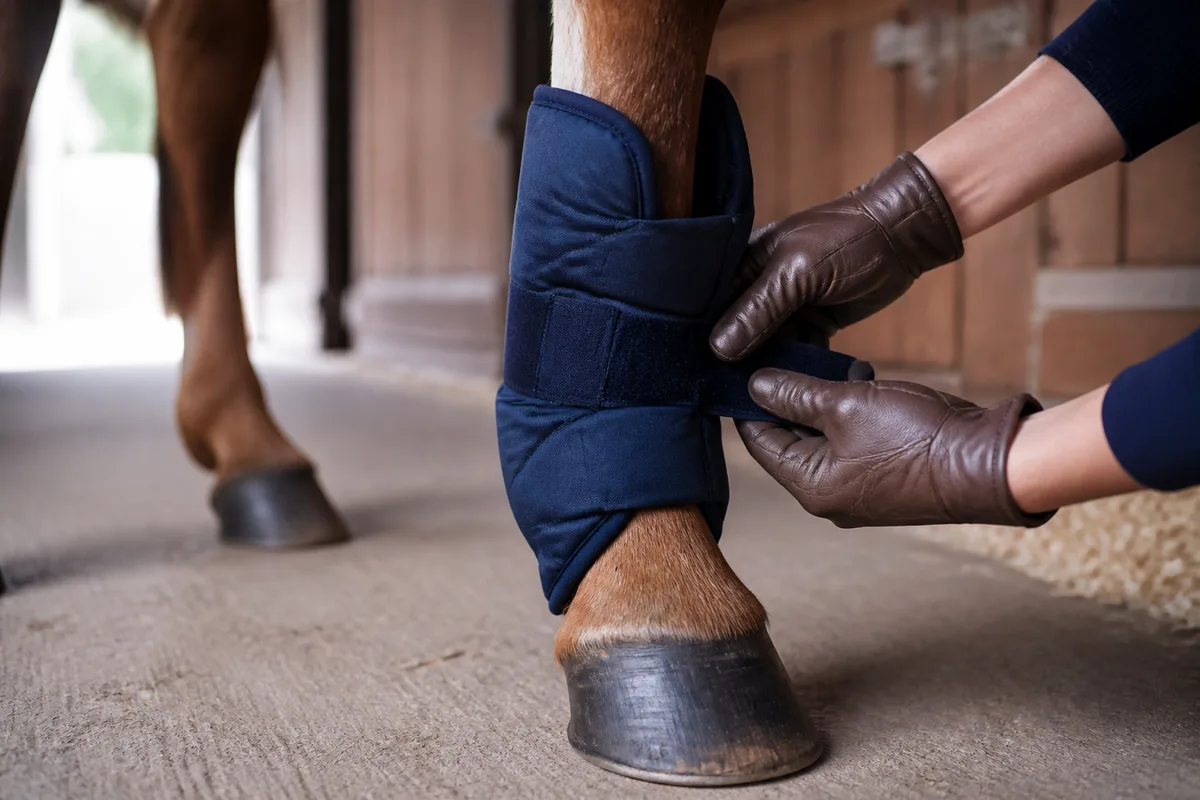Mains gantées ajustant une guêtre de transport sur le membre antérieur d&rsquo;un cheval bai