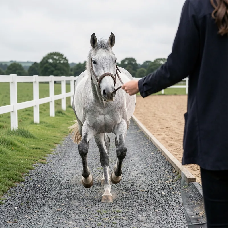 Vétérinaire équin observant un cheval au trot en ligne droite sur sol dur devant une écurie