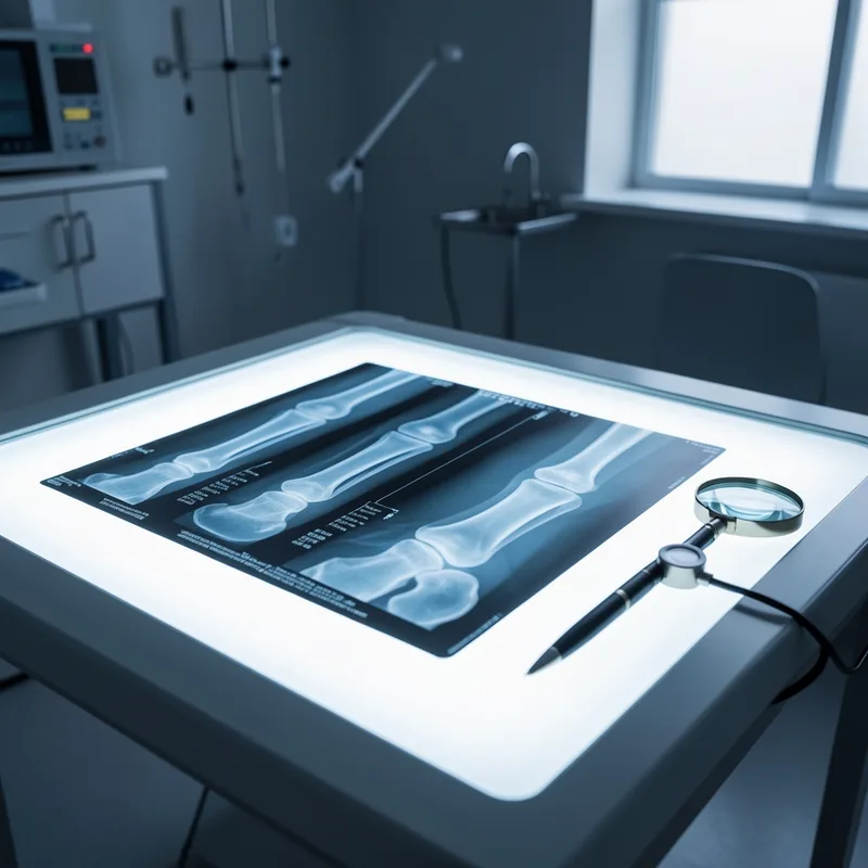Table lumineuse affichant des radiographies de membres de cheval dans un cabinet vétérinaire